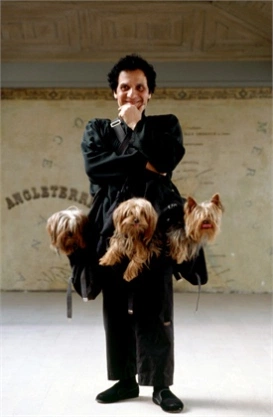 Azzedine Alaia with his Yorkshire terriesrs